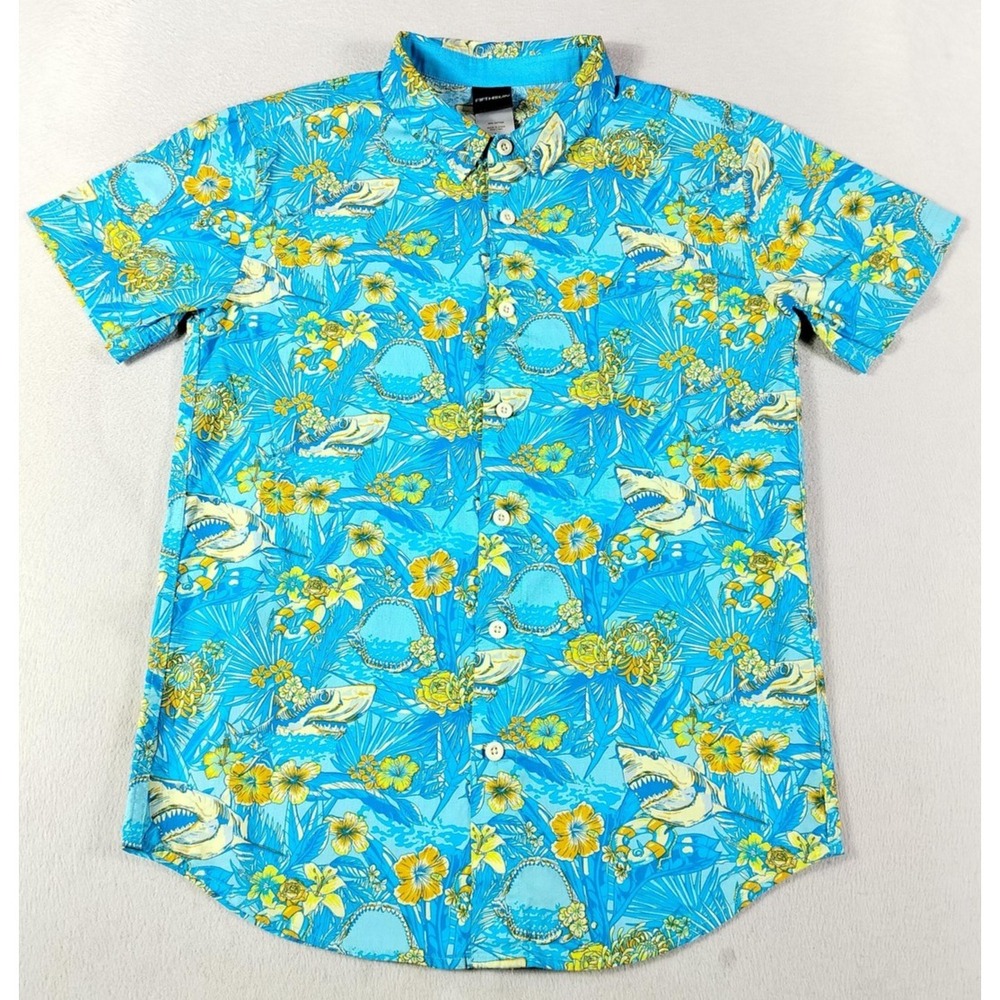 Fifthsun Shirt Mens Large Blue Hawaiian Shark Print Short Sleeve Aloha Casual